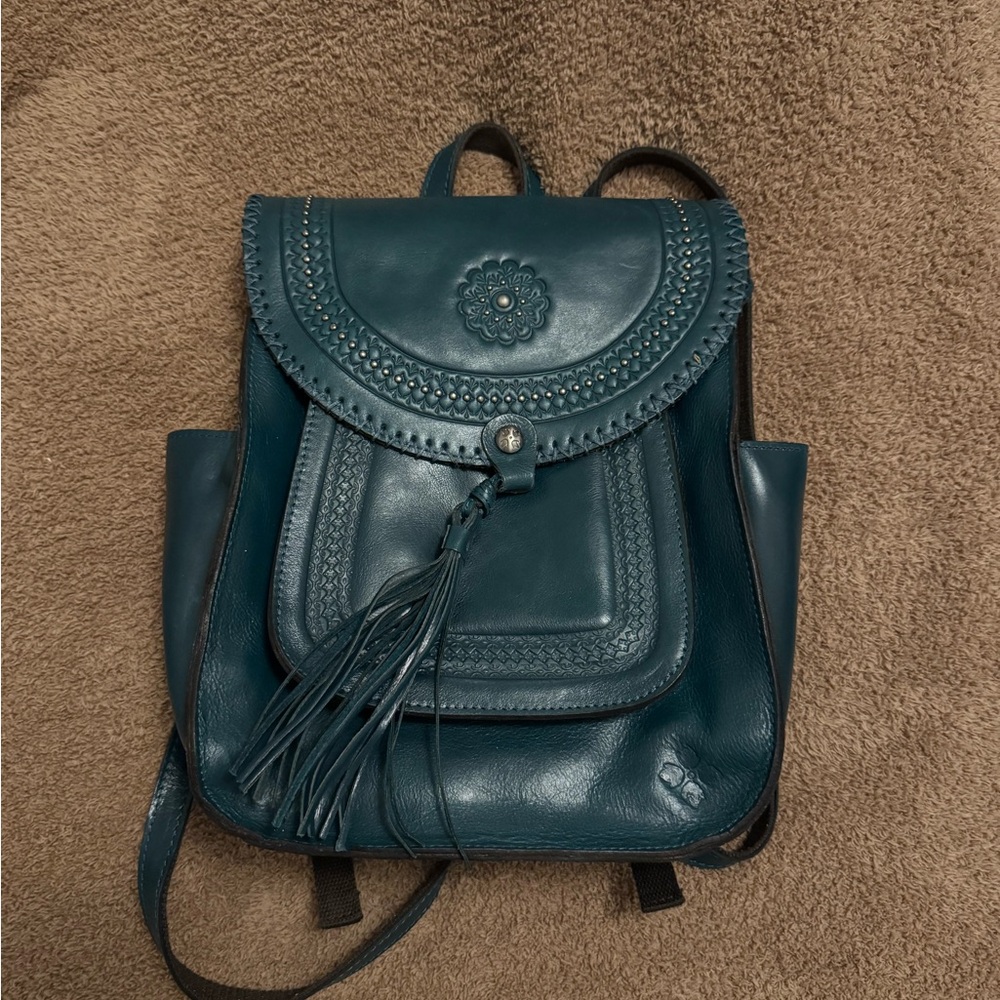Patricia Nash Tooled Leather Teal Leather Backpack with Fringe Detail